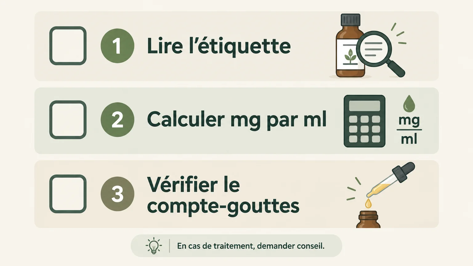 Checklist illustrée pour lire l’étiquette et vérifier le compte-gouttes d’une huile CBD