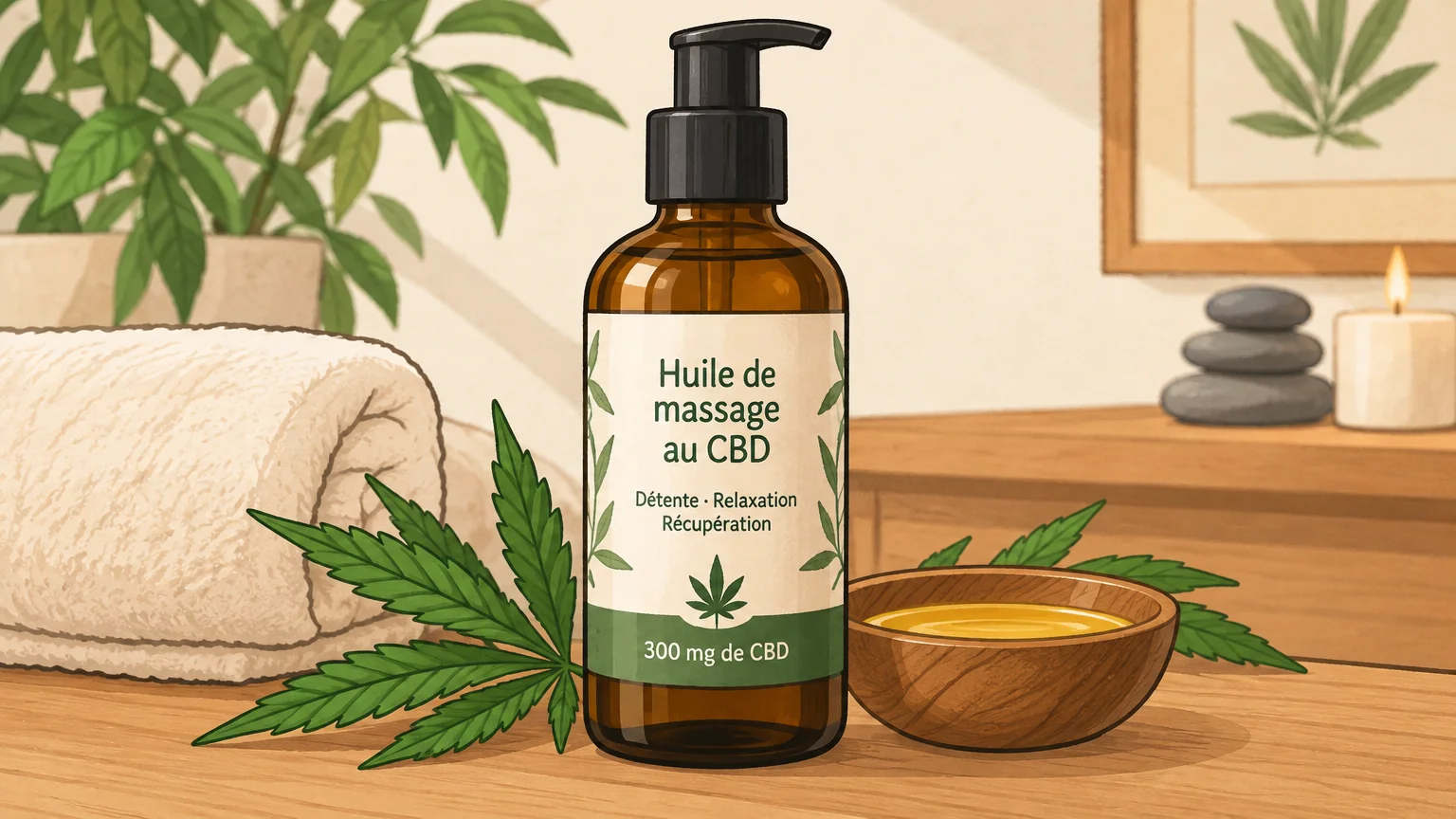 Illustrer la référence d’huile de massage au CBD présentée dans l’article.