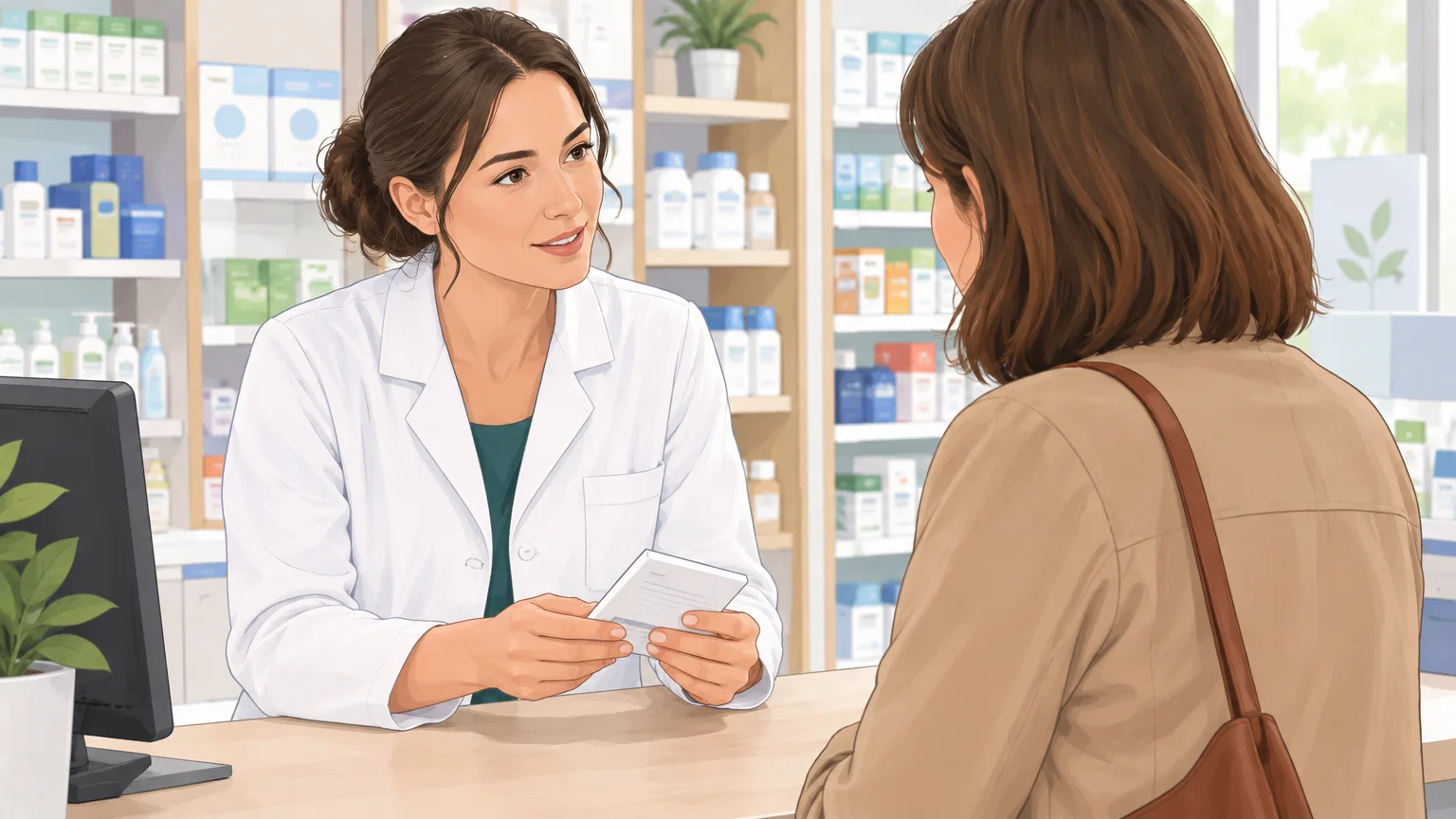 Échange au comptoir d’une pharmacie sur un produit CBD