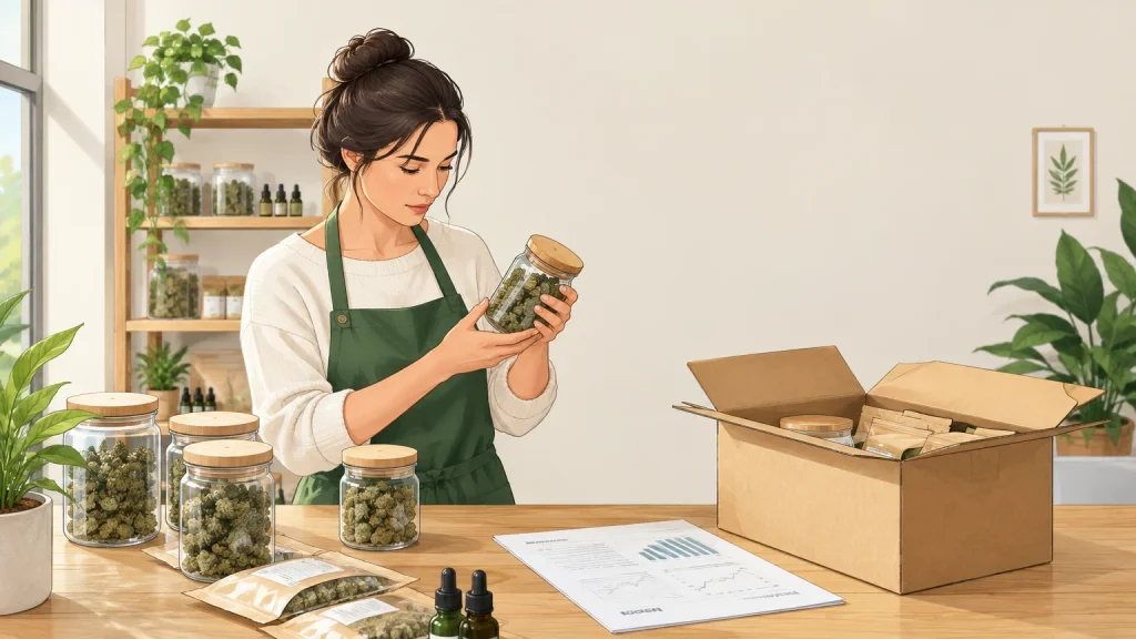 Professionnelle préparant un assortiment de produits CBD avec des documents de contrôle dans une boutique spécialisée
