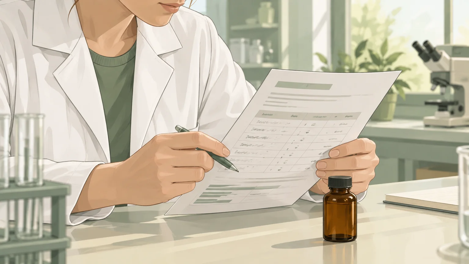 Lecture d’une fiche d’analyse près d’un flacon générique de CBD