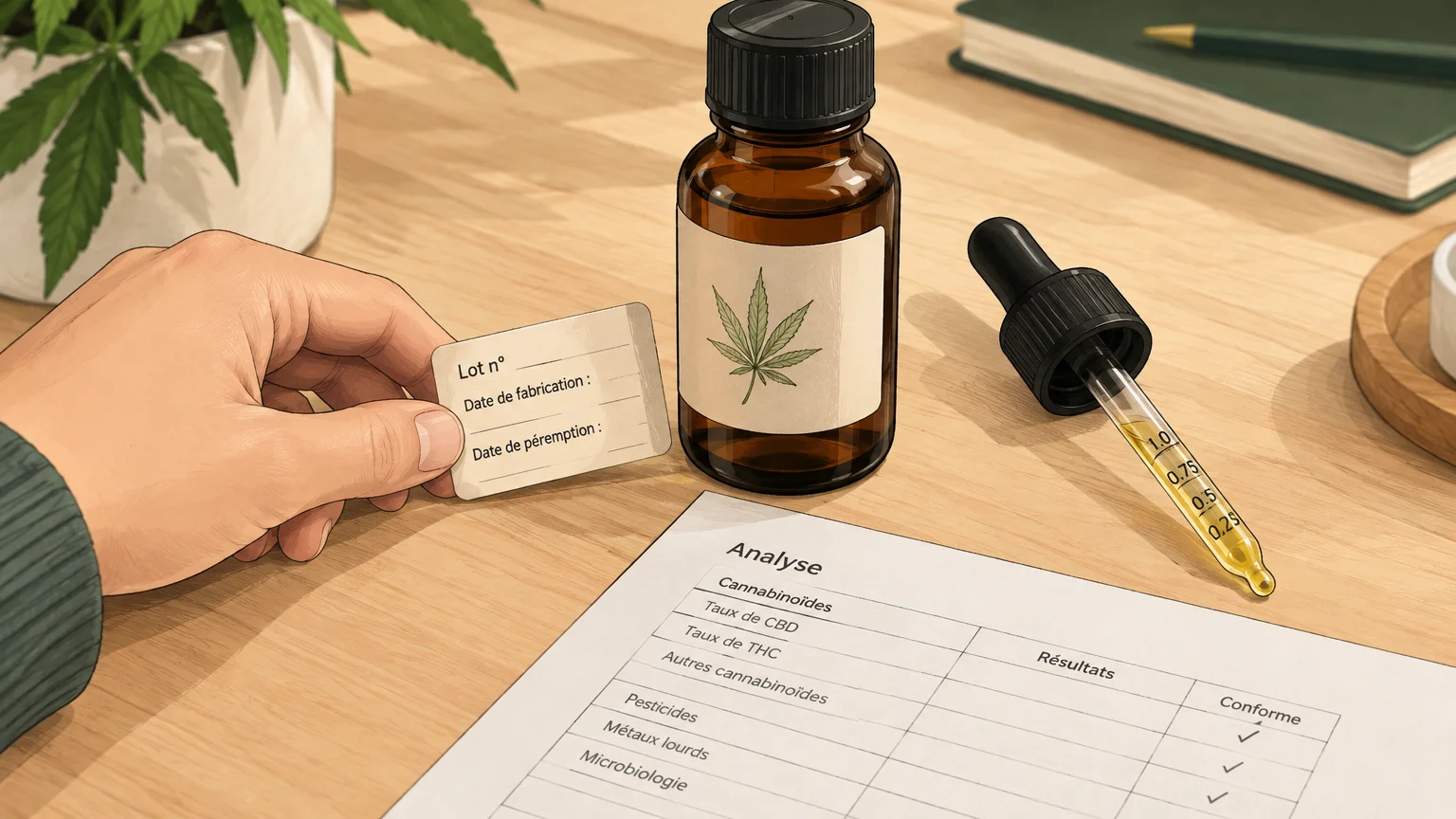 Étiquette de lot, feuille d’analyse et pipette graduée près d’un flacon fermé