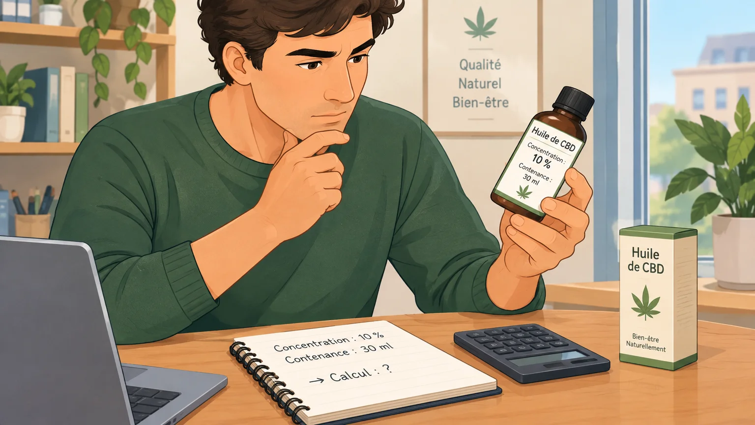 Illustrer un lecteur qui vérifie la concentration et la contenance d’un produit précis avant de faire un calcul.