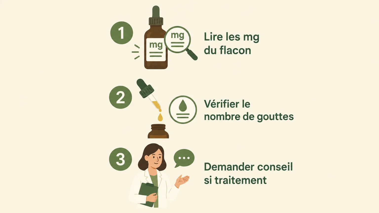 Infographie des trois vérifications pour calculer les milligrammes de CBD par goutte