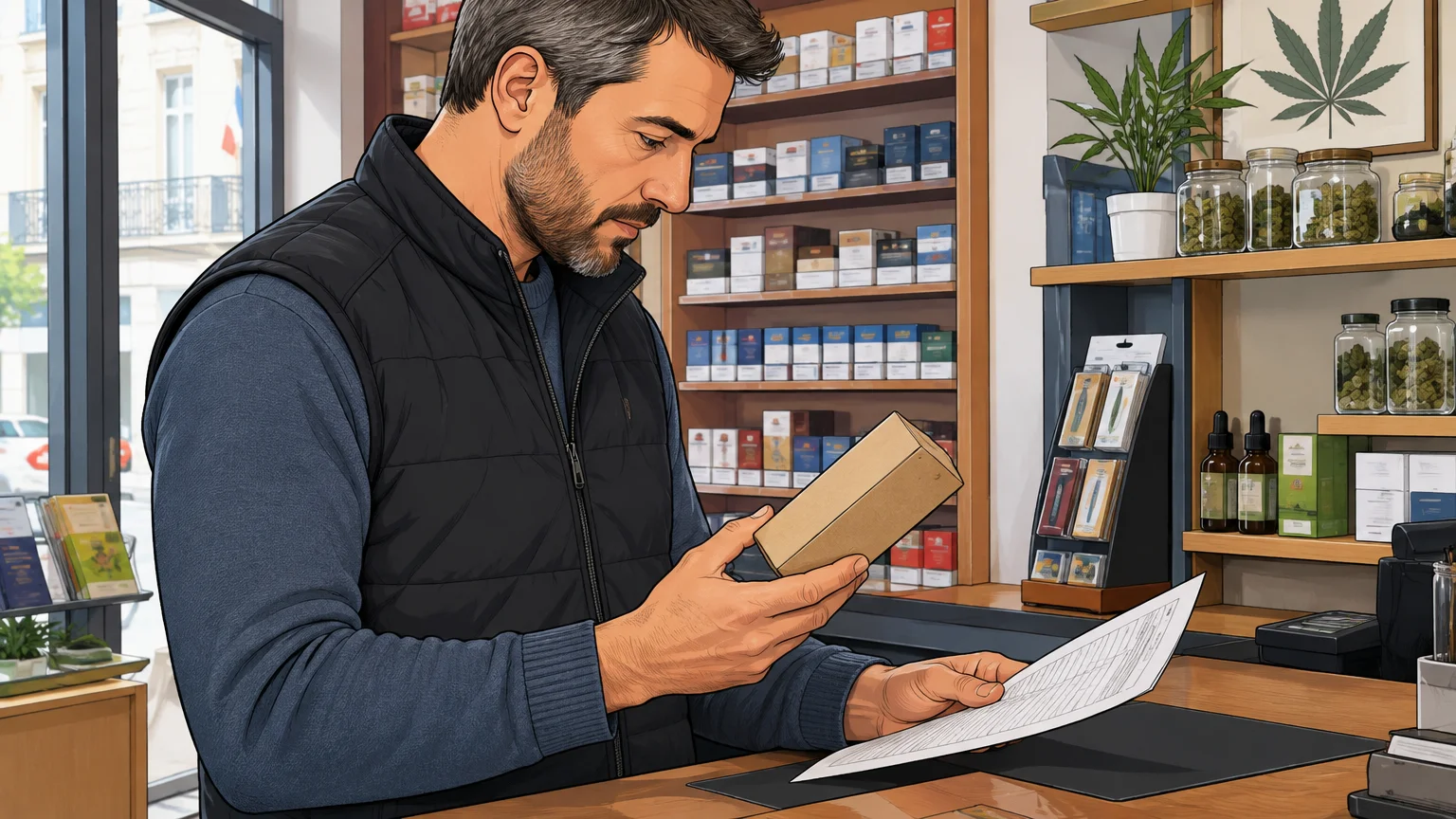 Un commerçant vérifie un produit CBD et sa fiche de lot au comptoir