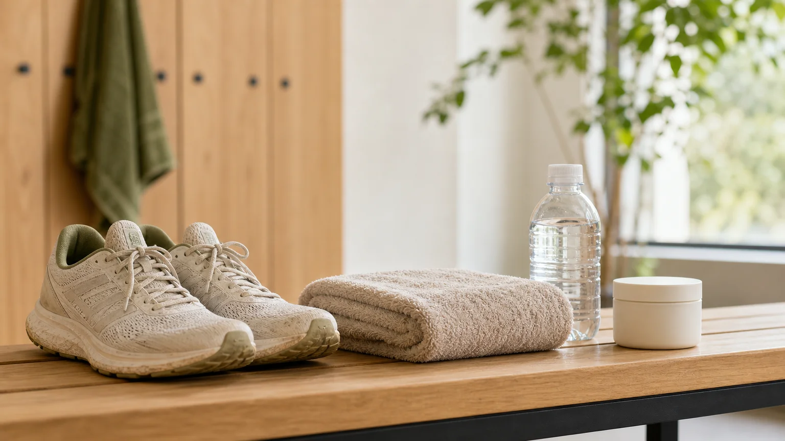 Chaussures de sport, serviette et pot de soin dans un vestiaire lumineux