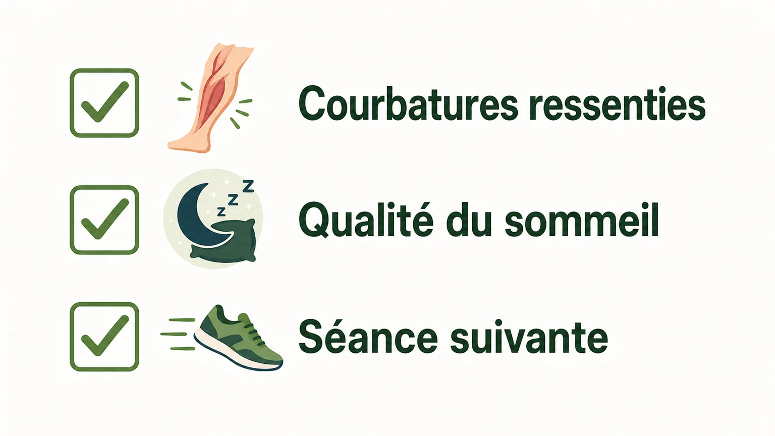Checklist de suivi des courbatures, du sommeil et de la séance suivante