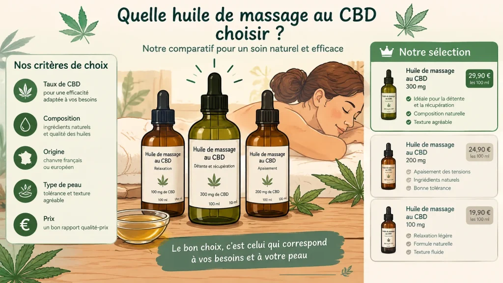 Huile de massage au CBD présentée comme soin cosmétique à usage externe