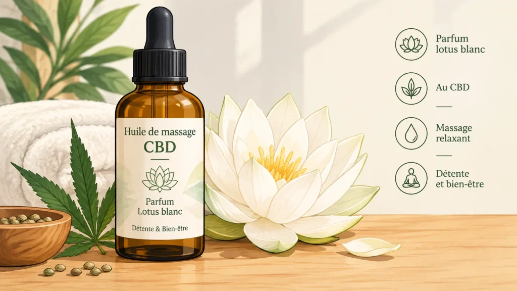 Huile de massage au CBD au lotus blanc, présentée comme un produit de massage relaxant