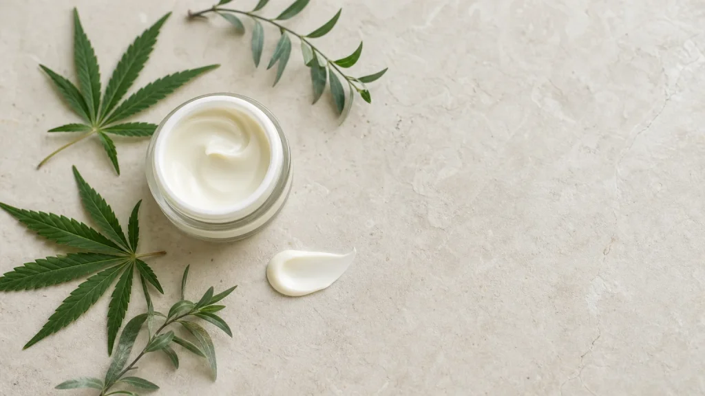 Soin cosmétique neutre et crème présentés avec des feuilles de chanvre sur une surface claire