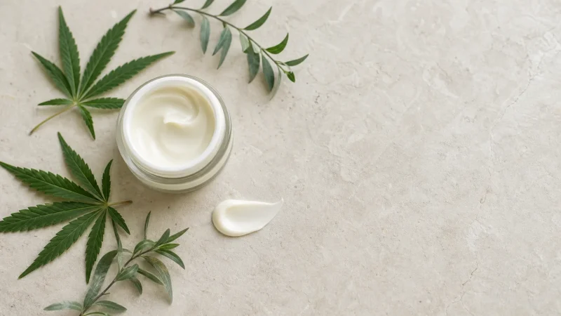 Soin cosmétique neutre et crème présentés avec des feuilles de chanvre sur une surface claire