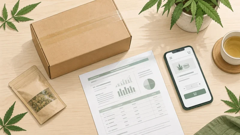 Colis neutre, fiche d’analyse et téléphone évoquant une commande de CBD en ligne