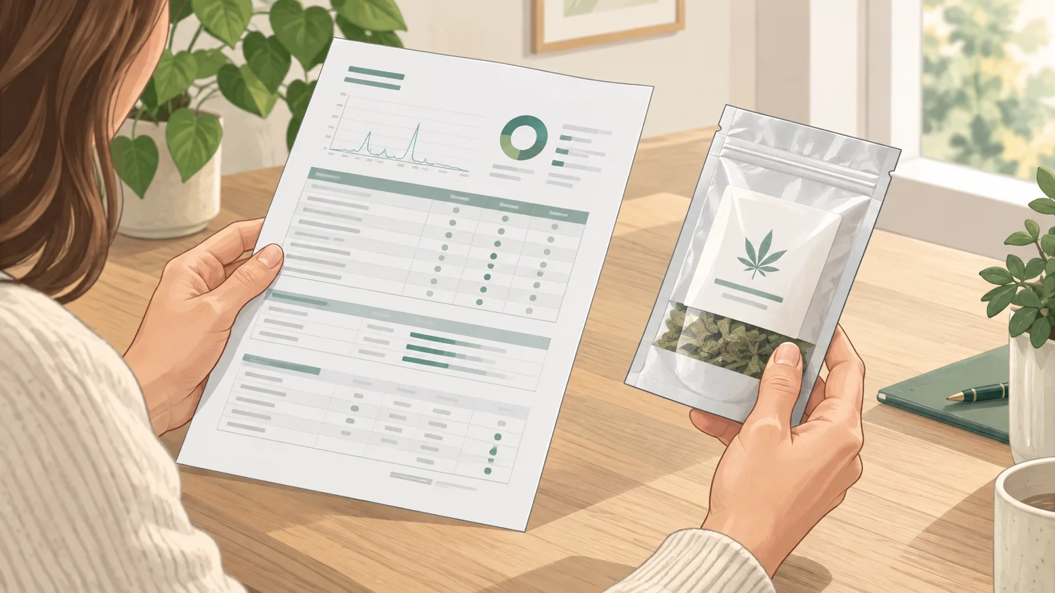 Mains comparant un emballage neutre et une fiche d’analyse avant l’achat