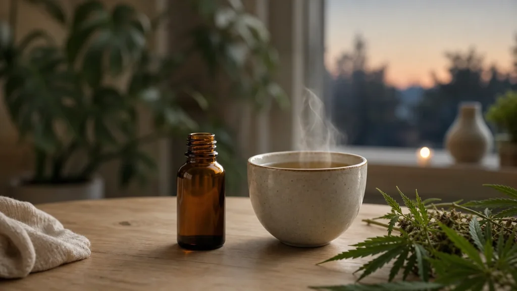 Bouteille ambrée et tasse de tisane dans un décor calme du soir
