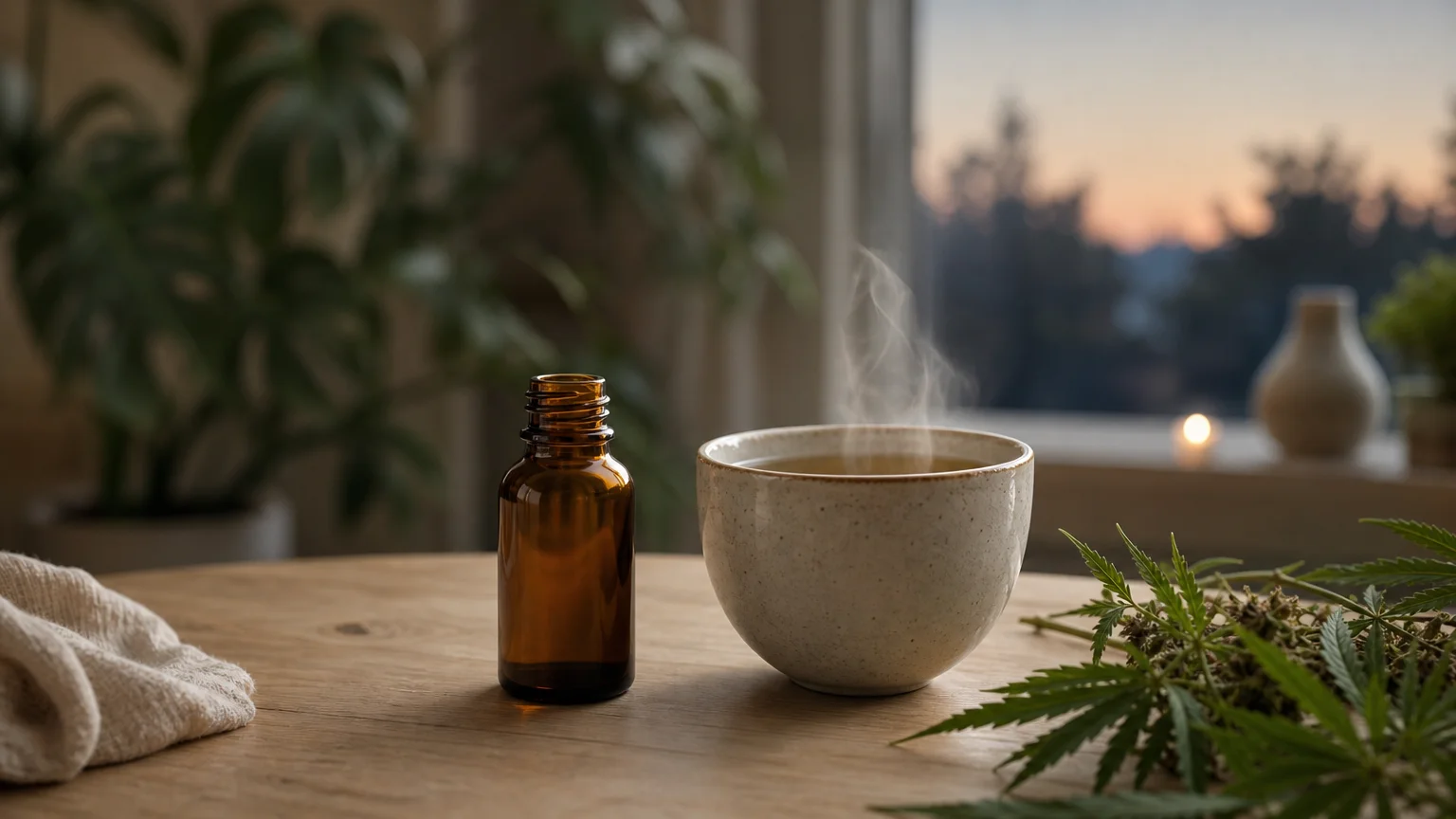 Bouteille ambrée et tasse de tisane dans un décor calme du soir