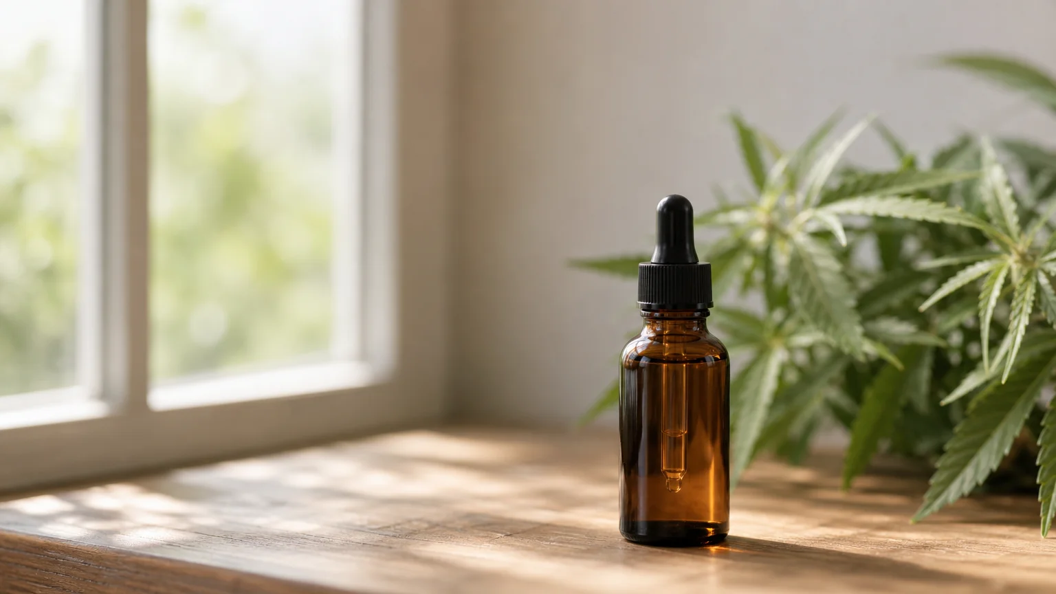 Flacon neutre d’huile de CBD dans une ambiance calme et naturelle