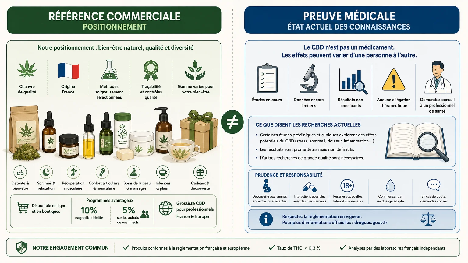 Illustrer le passage sur la référence commerciale en distinguant clairement son positionnement de la preuve médicale.