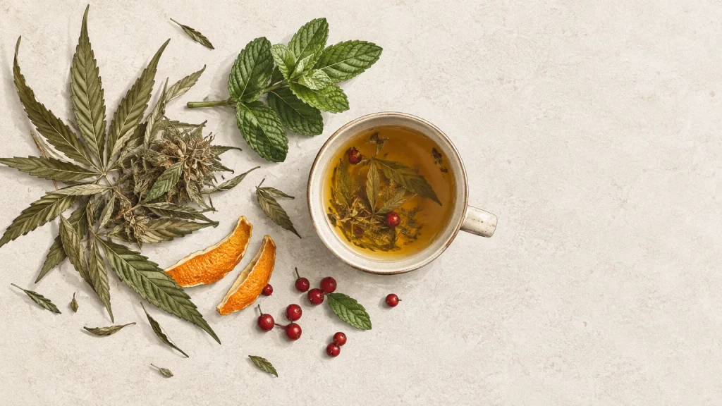 Feuilles de chanvre, menthe, agrumes et fruits rouges près d’une tasse d’infusion
