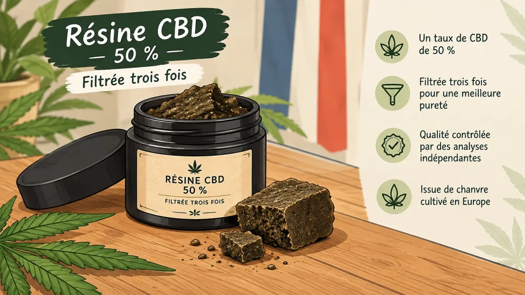 Résine CBD 50% 3 X Filtrée, produit présenté pour illustrer une sélection de résines CBD en 2026.