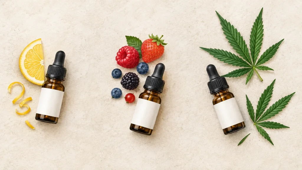 Flacons d’e-liquide CBD illustrant des profils citronné, fruité et végétal
