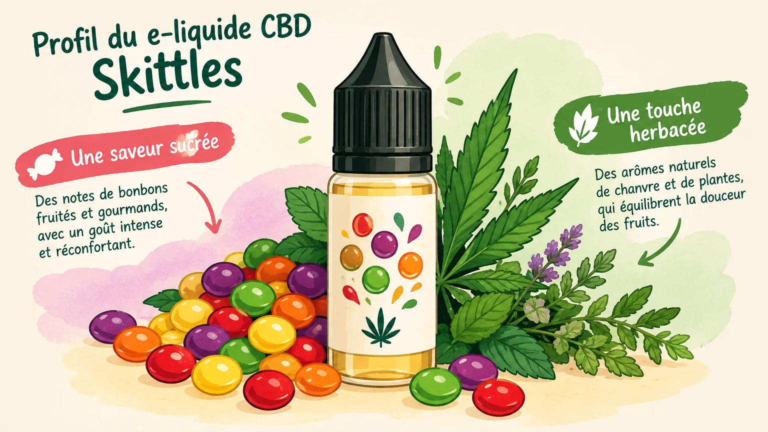 Illustrer le profil sucré et herbacé du e-liquide CBD Skittles.
