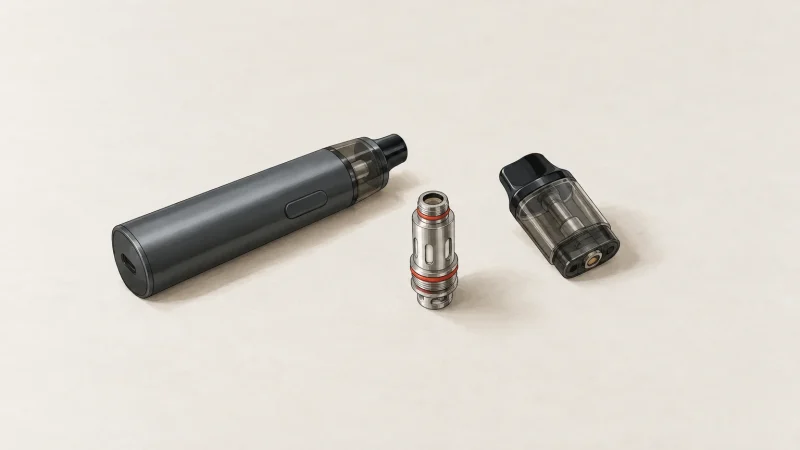 Résistance et cartouche de cigarette électronique posées à côté d’un appareil compact