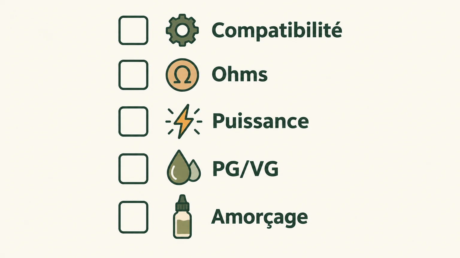 Checklist pour vérifier la compatibilité, les ohms, la puissance, le ratio PG/VG et l’amorçage
