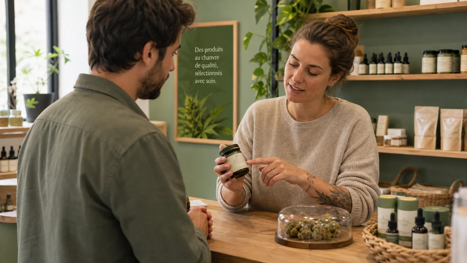 Un vendeur présente l’étiquette d’un produit fermé à un client en boutique