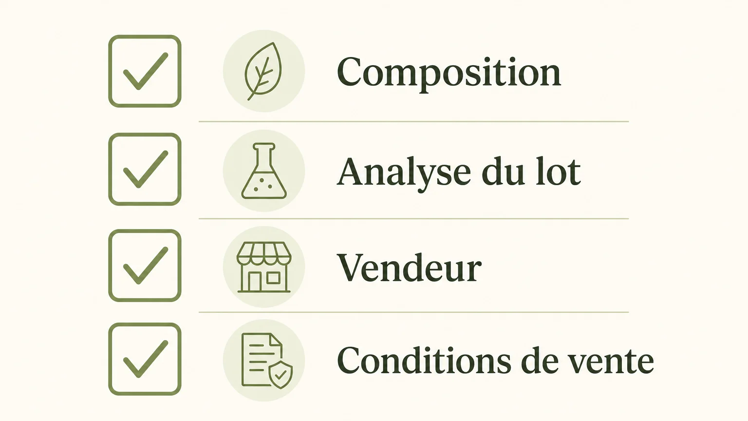 Liste de contrôle avant achat : composition, analyse du lot, vendeur et conditions de vente