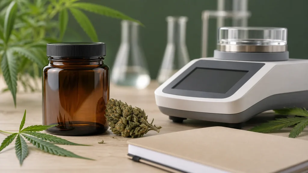 Fleur de CBD séchée près d’un bocal hermétique et d’un instrument de mesure de l’activité de l’eau