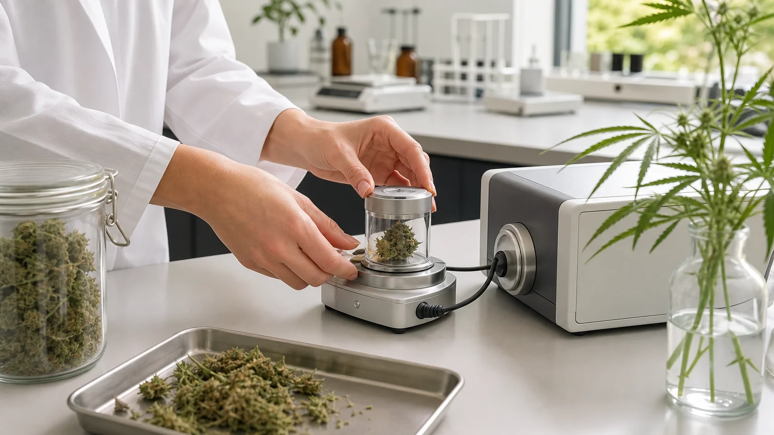 Échantillon de fleur de CBD placé dans une chambre de mesure de l’activité de l’eau