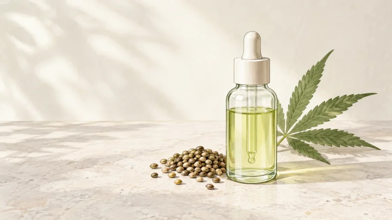 Flacon cosmétique neutre et graines de chanvre sur une surface claire