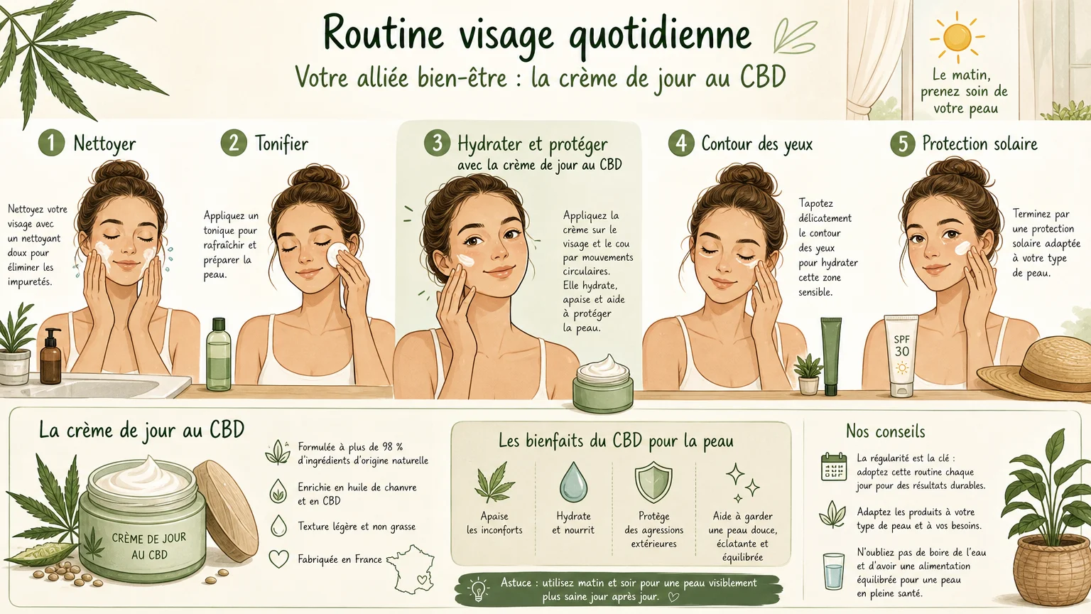 Illustrer une crème de jour au CBD dans une routine visage quotidienne