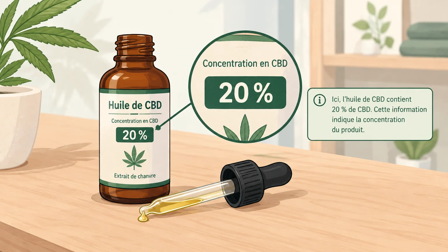 Illustrer le passage qui cite une huile de CBD à 20 % comme exemple d’information de concentration à lire, sans suggérer son efficacité.