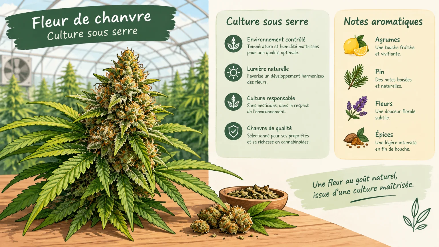 Illustrer une référence de fleur dont la fiche décrit la culture sous serre et les notes aromatiques.