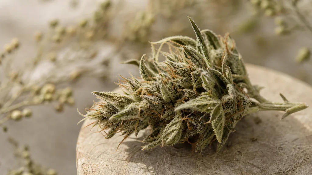 Gros plan naturel sur les bractées, stigmates et trichomes d’une fleur de chanvre
