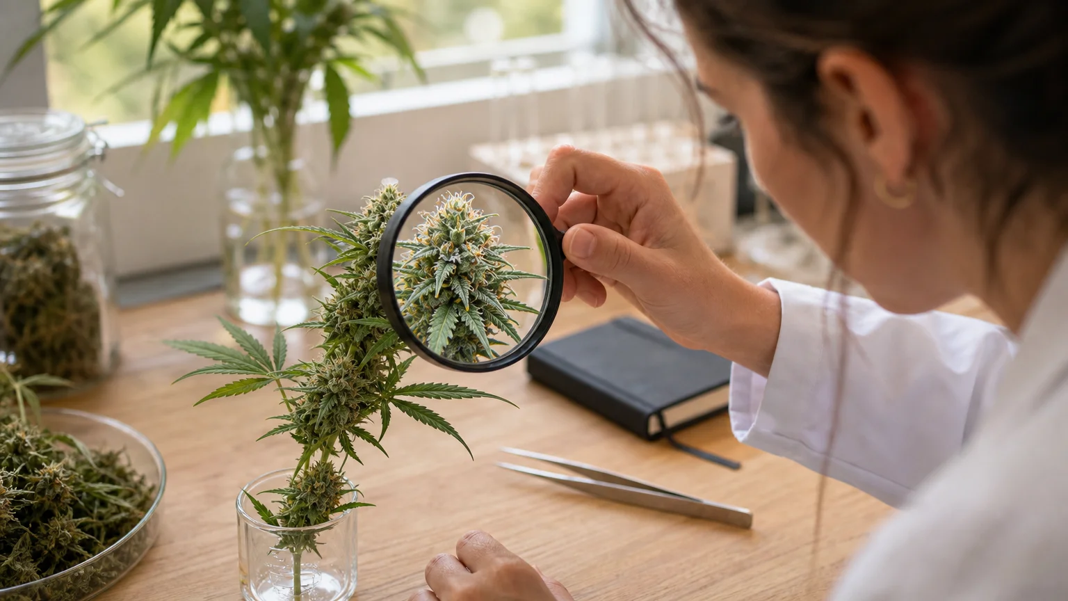 Observation à la loupe des structures d’une fleur de chanvre dans un environnement botanique