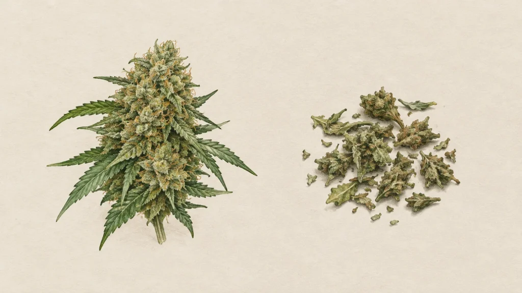 Fleur de chanvre entière à côté de fragments végétaux représentant la trim