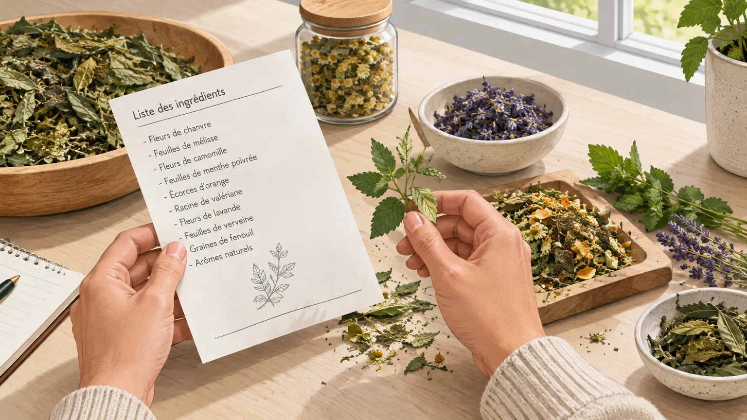 Des mains comparent une fiche d’ingrédients à des feuilles de chanvre et des plantes aromatiques.
