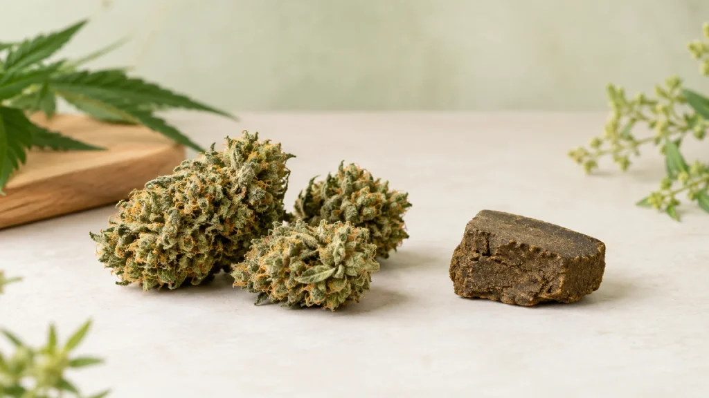 Fleurs et résine de CBD présentées côte à côte