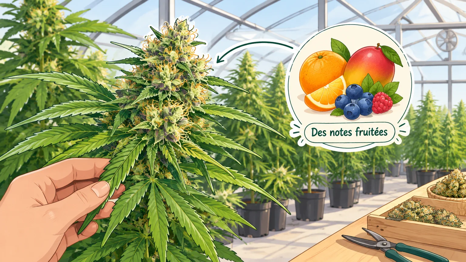 Illustrer l’exemple de fleur aux notes fruitées et sa culture sous serre.